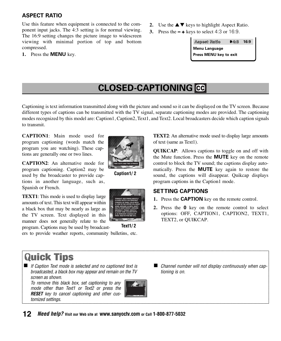 Closed-captioning, Need help, Set ting captions | Aspect ratio | Sanyo AVM2445 User Manual | Page 12 / 18