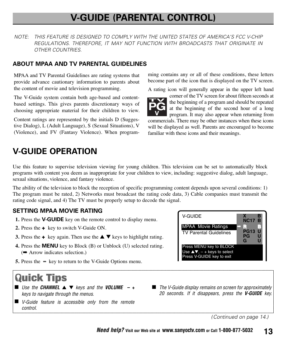 V-guide (parental control), V-guide operation | Sanyo AVM2445 User Manual | Page 13 / 18