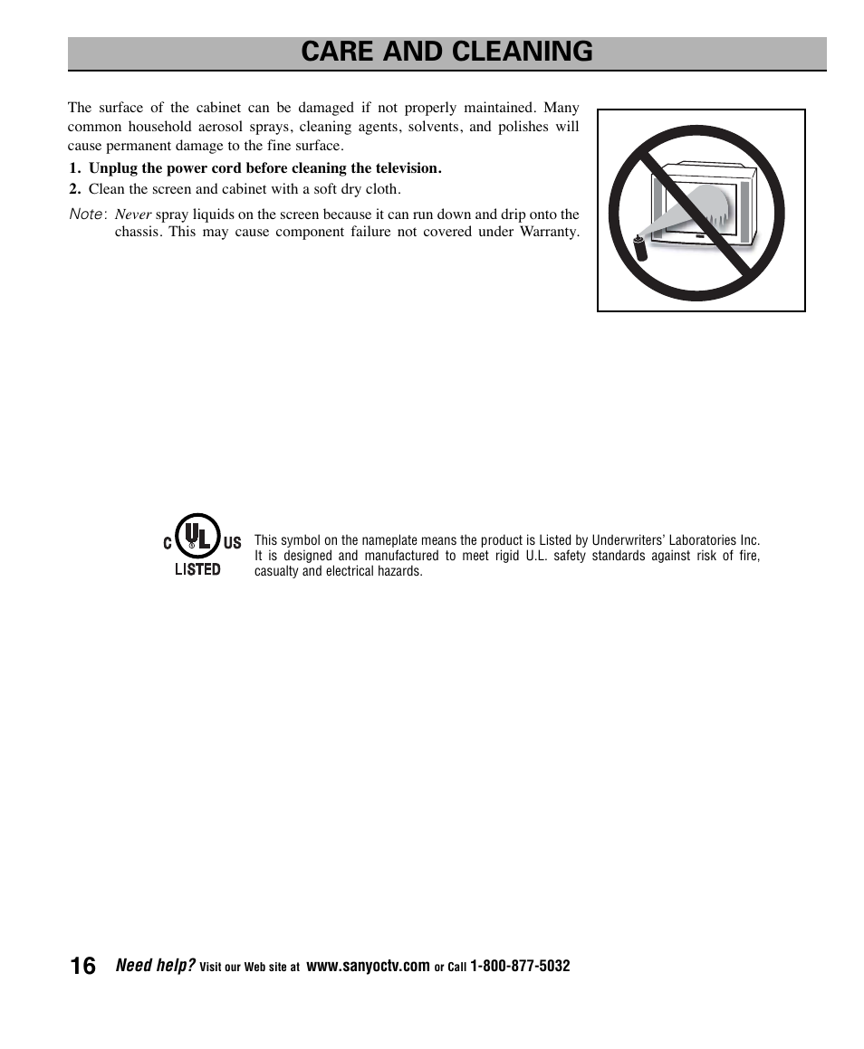 Care and cleaning | Sanyo AVM2445 User Manual | Page 16 / 18