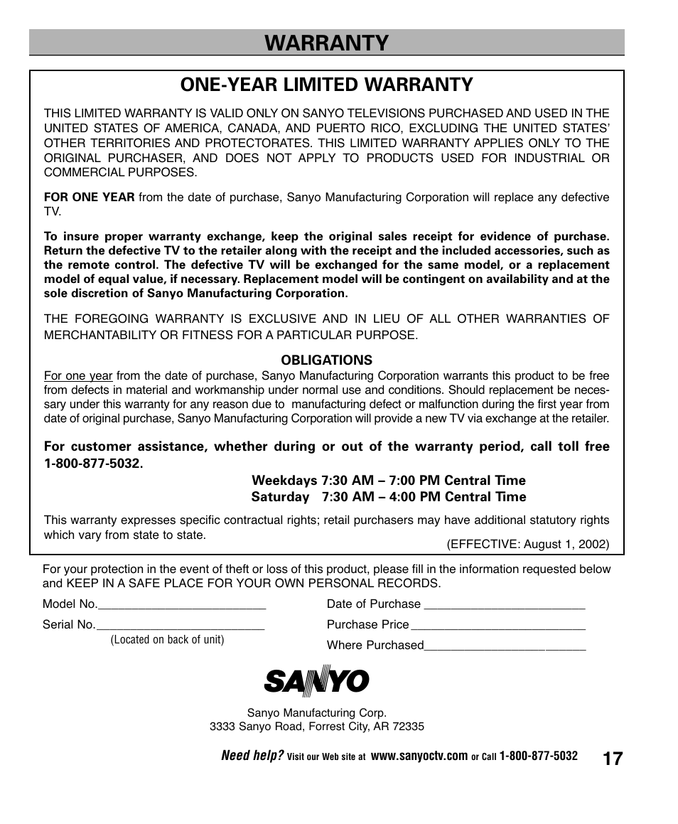 Warranty, One-year limited warranty | Sanyo AVM2445 User Manual | Page 17 / 18