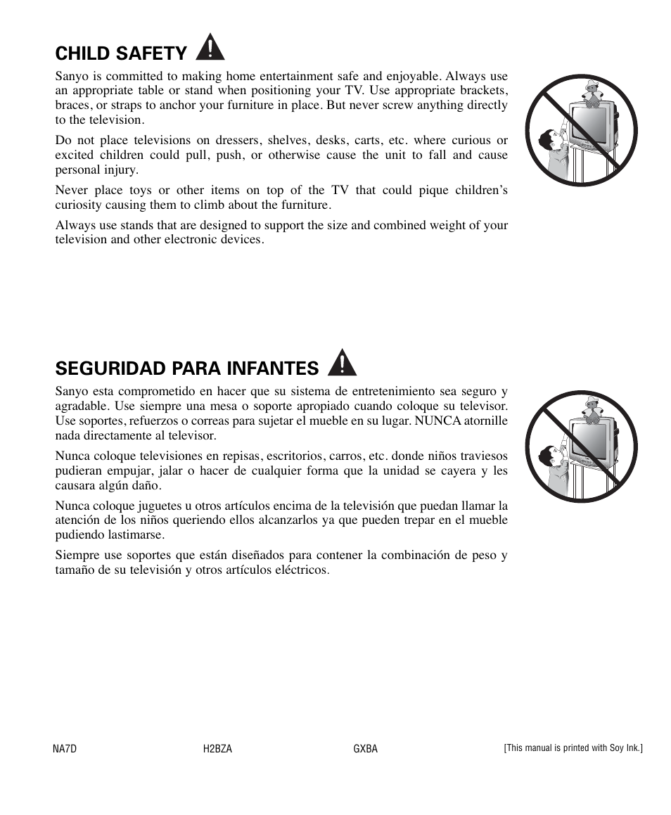 Seguridad para infantes, Child safety | Sanyo AVM2445 User Manual | Page 18 / 18