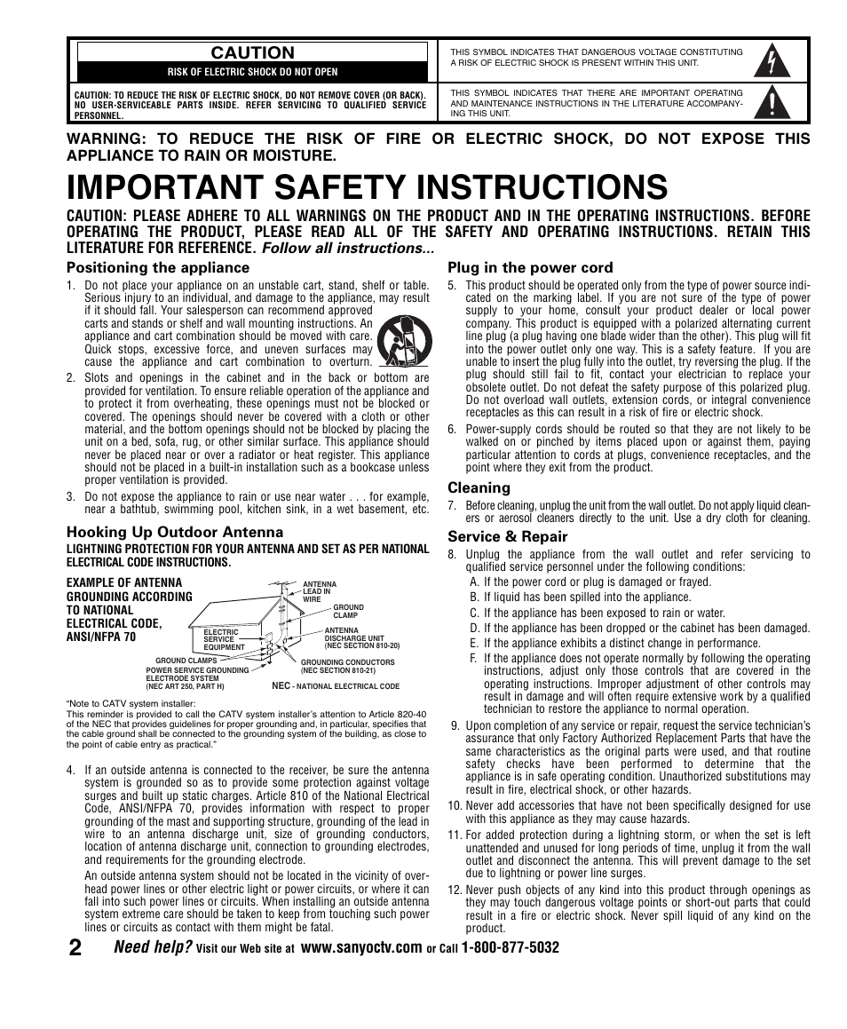 Important safety instructions, Need help, Caution | Positioning the appliance, Hooking up outdoor antenna, Plug in the power cord, Cleaning, Service & repair | Sanyo AVM2445 User Manual | Page 2 / 18