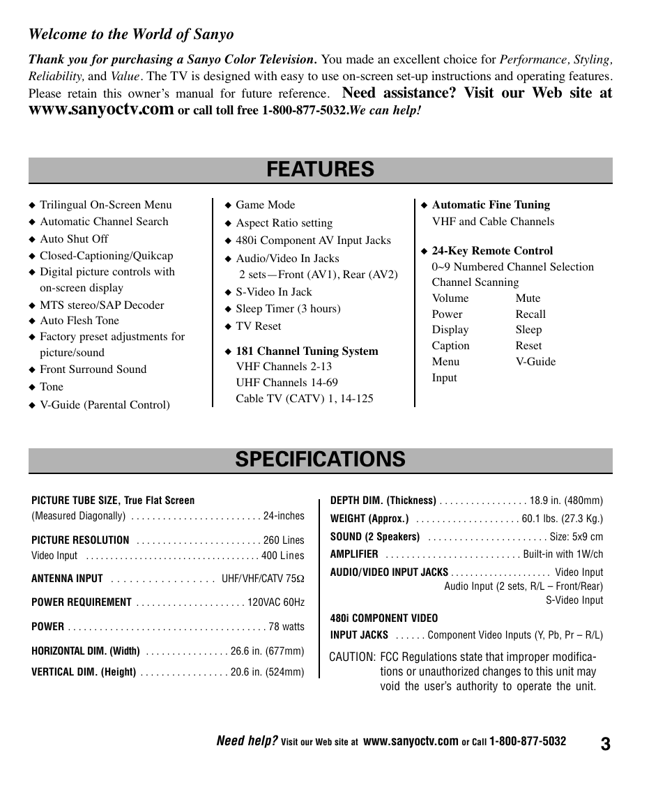 Features specifications, Welcome to the world of sanyo, Need assistance? visit our web site at | Sanyo AVM2445 User Manual | Page 3 / 18