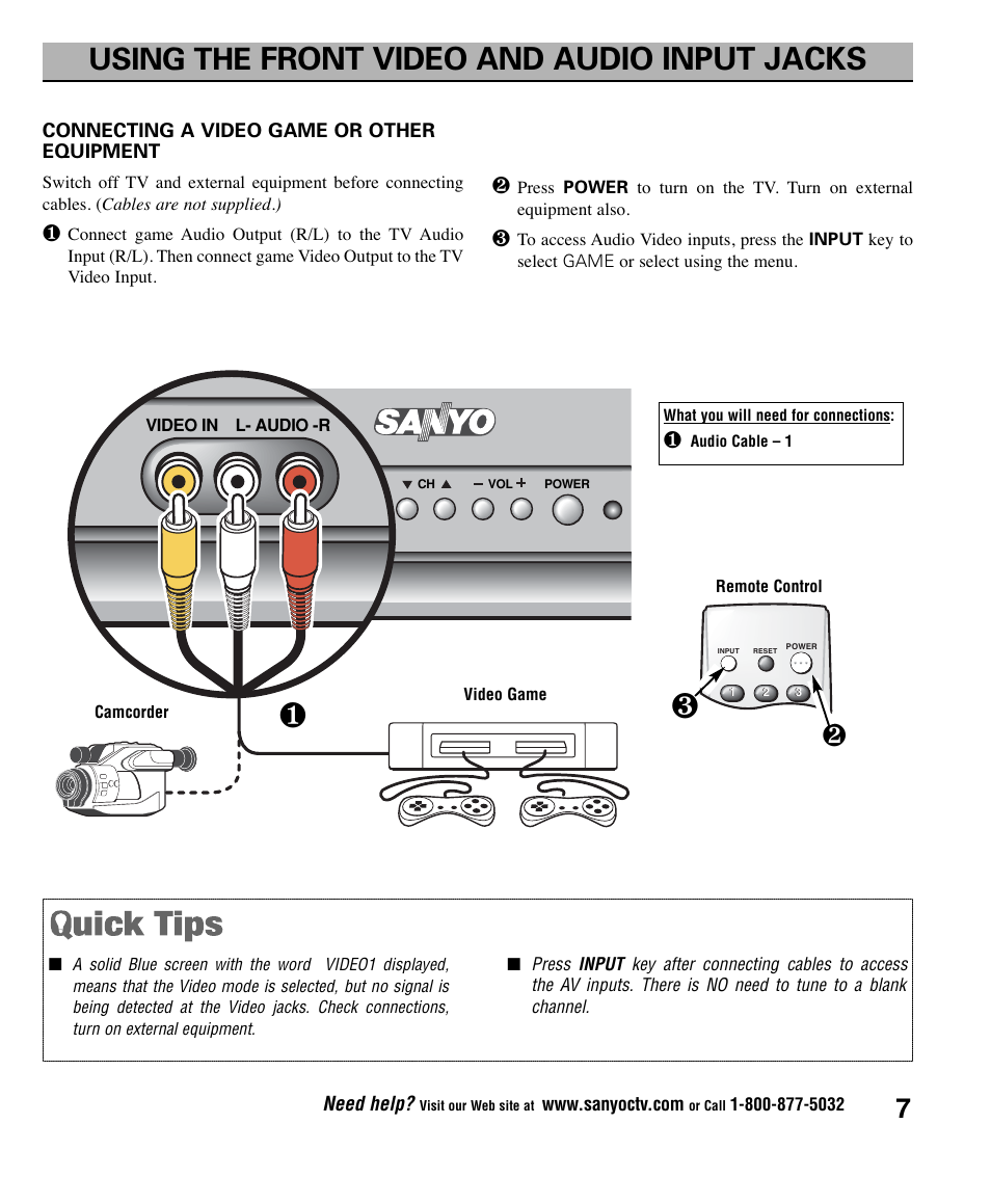 Front video and audio input jacks, Using the | Sanyo AVM2445 User Manual | Page 7 / 18