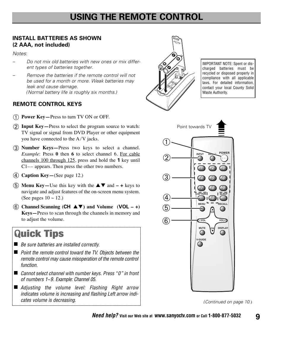 Remote control, Using the | Sanyo AVM2445 User Manual | Page 9 / 18