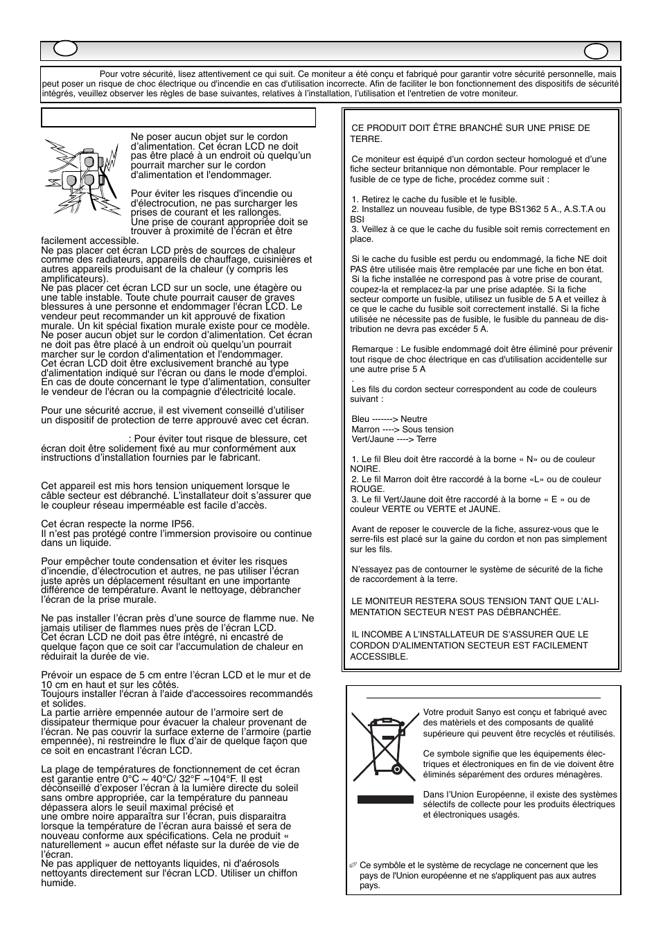 Consignes de sécurité, Installation/utilisation | Sanyo CE42WPX1 User Manual | Page 14 / 76