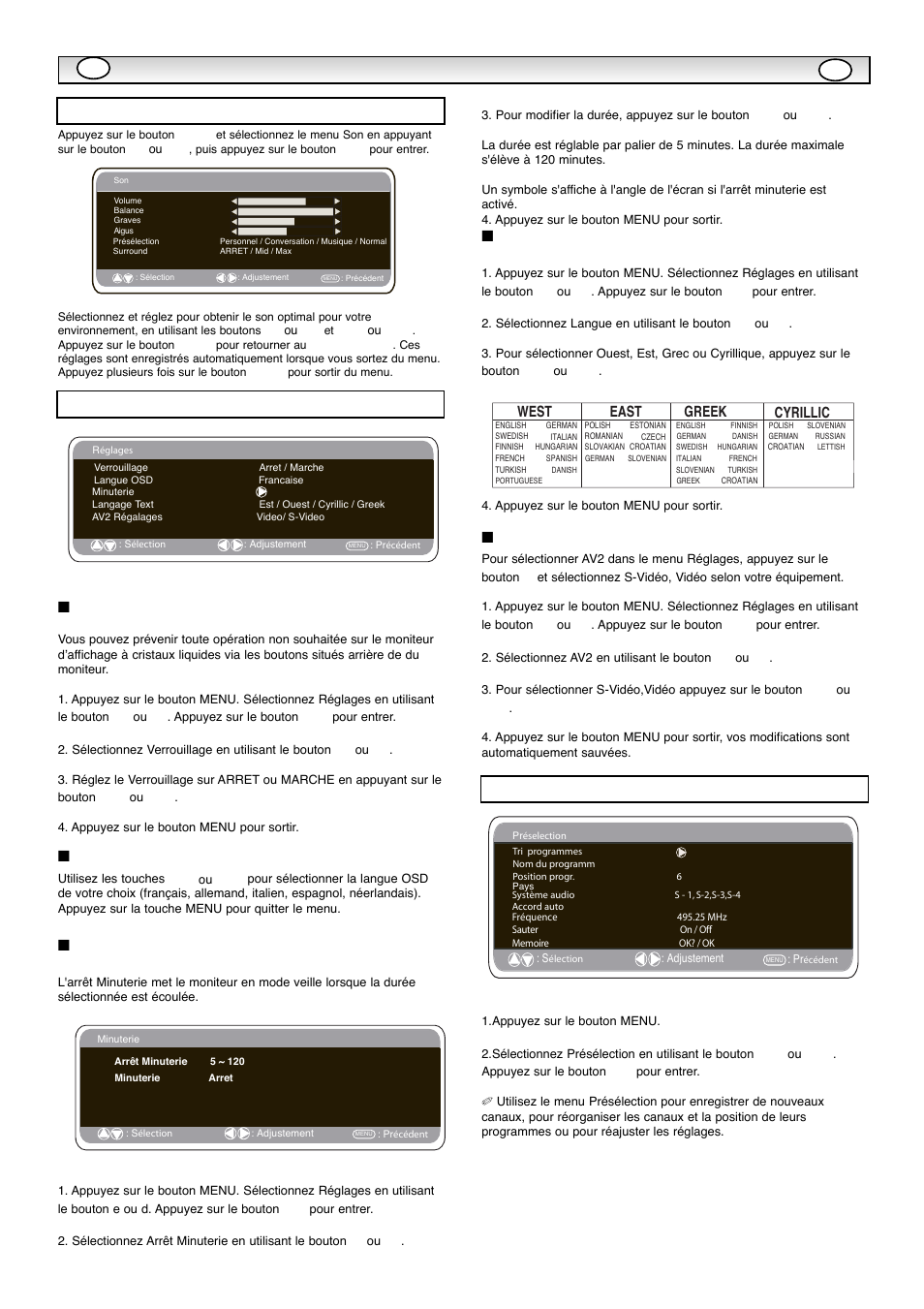 Utilisa, Utilisa tion des menus tion des menus, Verrouillage | Réglages arrêt minuterie, Langue, Réglages av2, Menu préréglages, Menu réglages menu son, Langue osd(affichage sur l'écran), Ts e w | Sanyo CE42WPX1 User Manual | Page 19 / 76