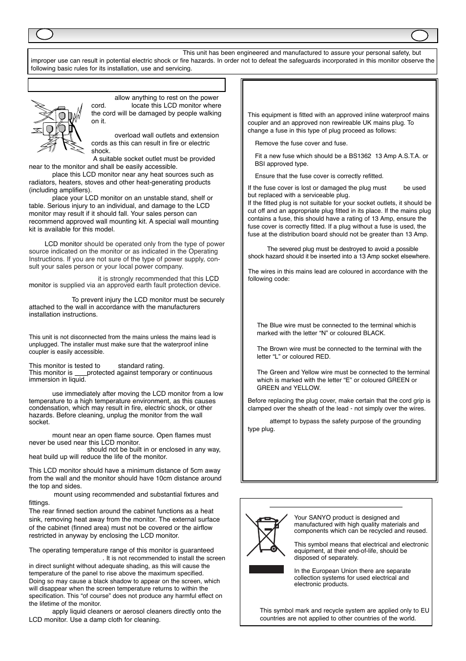 Safety, Safety precautions precautions, Installation and use | Important: (uk only), Important recycling information | Sanyo CE42WPX1 User Manual | Page 2 / 76