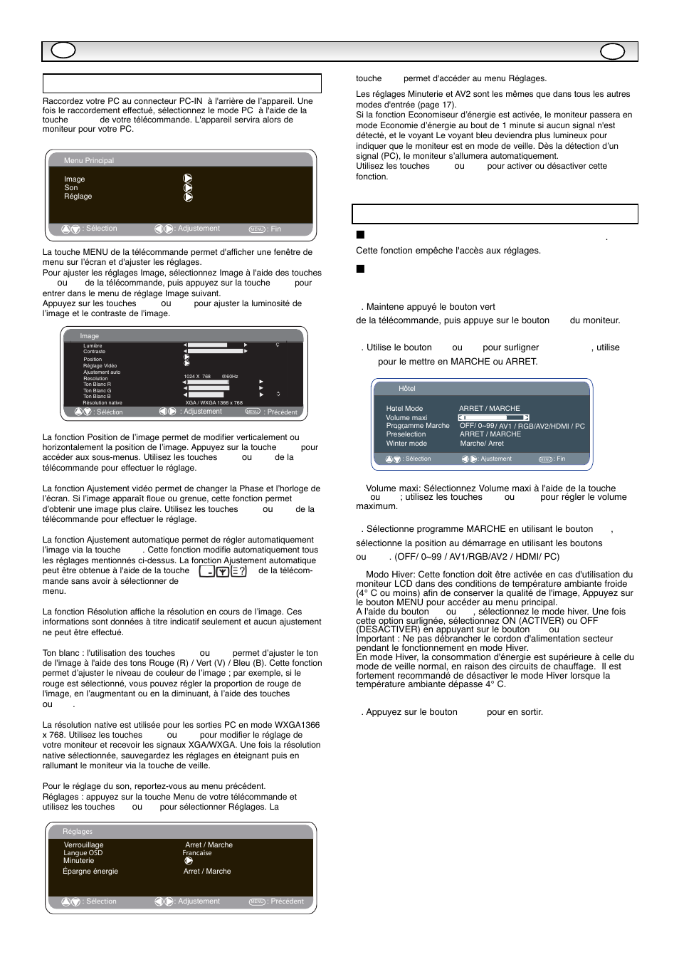 Réglages du menu pc, Fonctionnement du pc / mode hotel, Interdiction d'accès aux préréglages | Position du programme au démarrage, Mode hôtel | Sanyo CE42WPX1 User Manual | Page 21 / 76