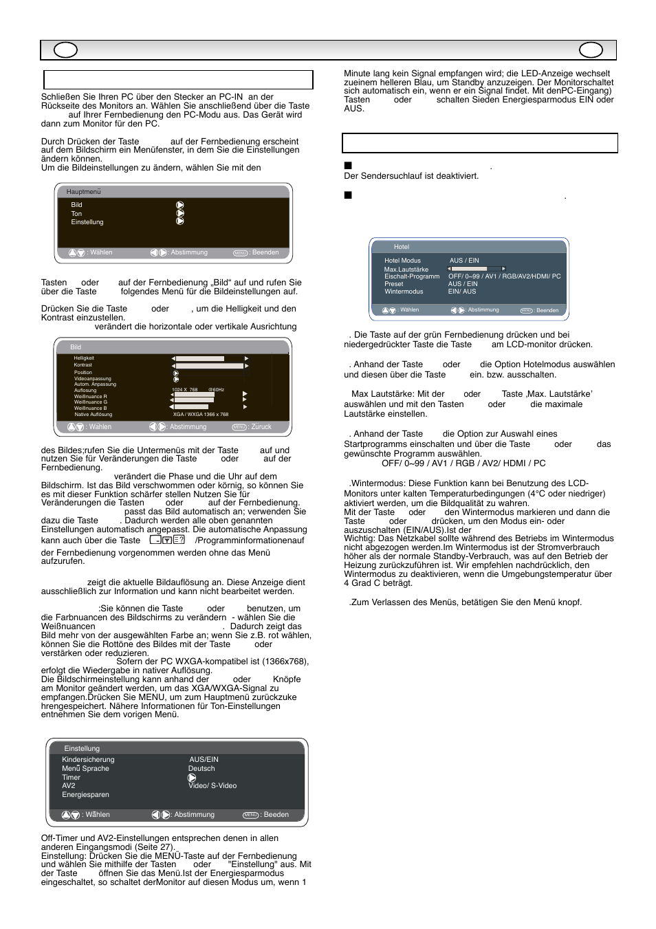 Pcbetrieb / hotelmodus, Preset nicht gestattet, Senderposition beim einschalten | Einstellungen pc-menü, Hotelmodus | Sanyo CE42WPX1 User Manual | Page 33 / 76