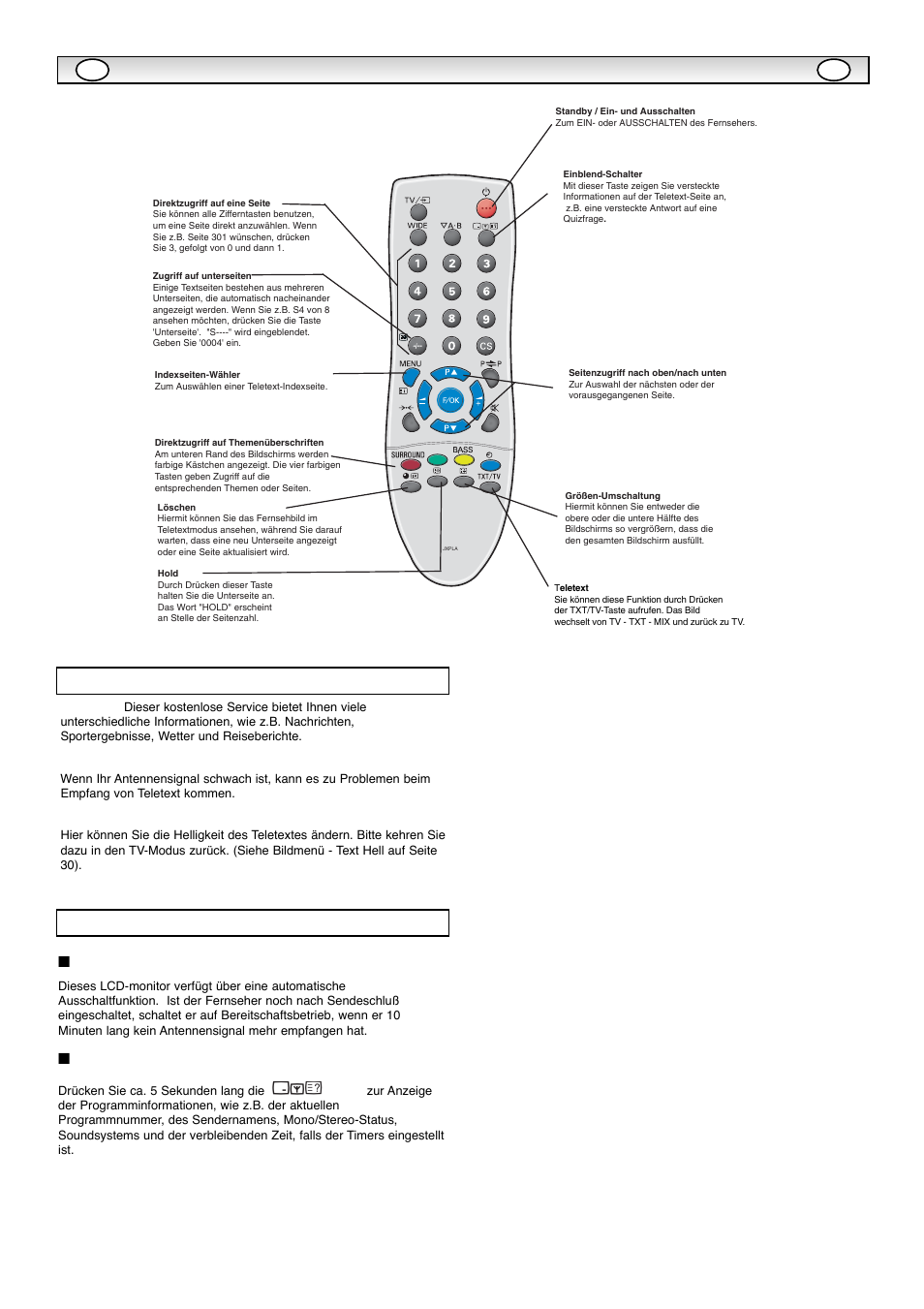 Menübetrieb / teletext, Teletext allgemeine bedienung, Automatische ausschaltfunktion | Programminformation/tonwiedergabesystem- wähler | Sanyo CE42WPX1 User Manual | Page 34 / 76