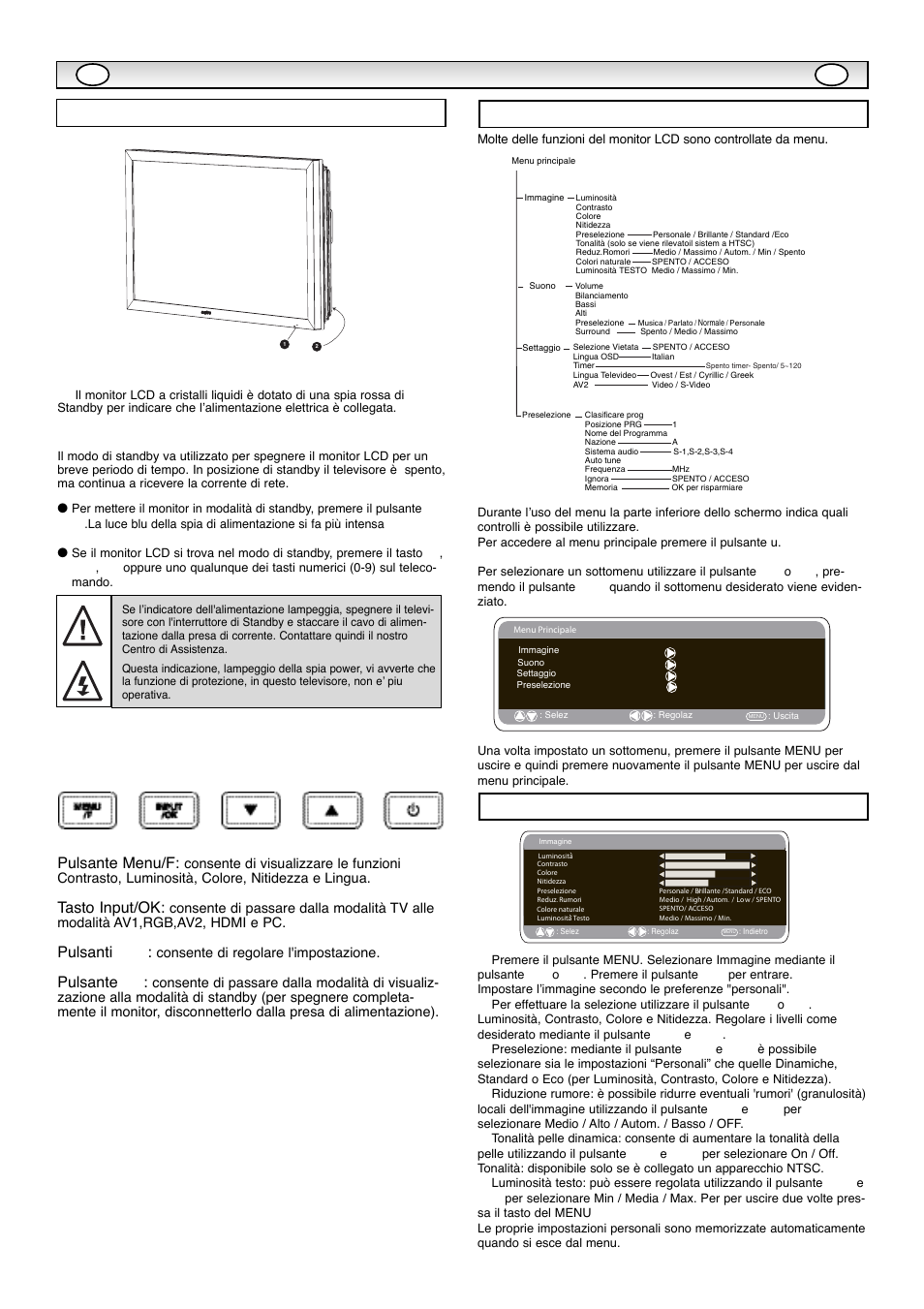 Inst, Inst allazione allazione, Comandi / terminali menu imagine | Funzionamento del menu, Tasto input/ok, Pulsanti e d, Pulsante 4 | Sanyo CE42WPX1 User Manual | Page 54 / 76