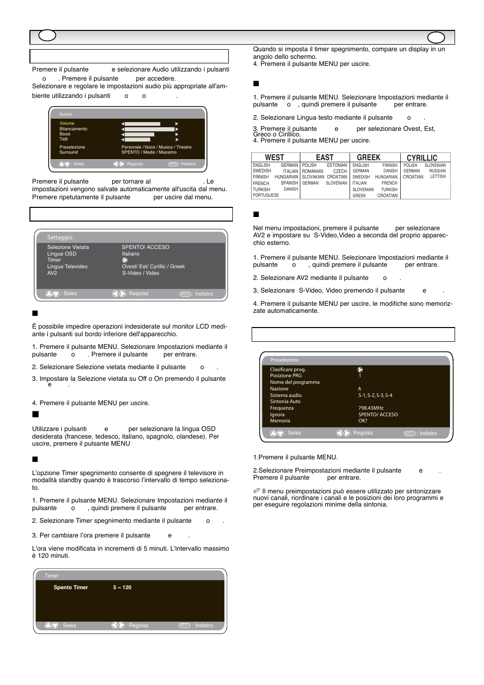 Funzionament, Funzionament o del o del menu menu, Selezione vietata | Impostazione timer spegnimento, Lingua testo, Impostazione av2, Preset menu, Menu settaggio, Menu suono, Lingue osd | Sanyo CE42WPX1 User Manual | Page 55 / 76