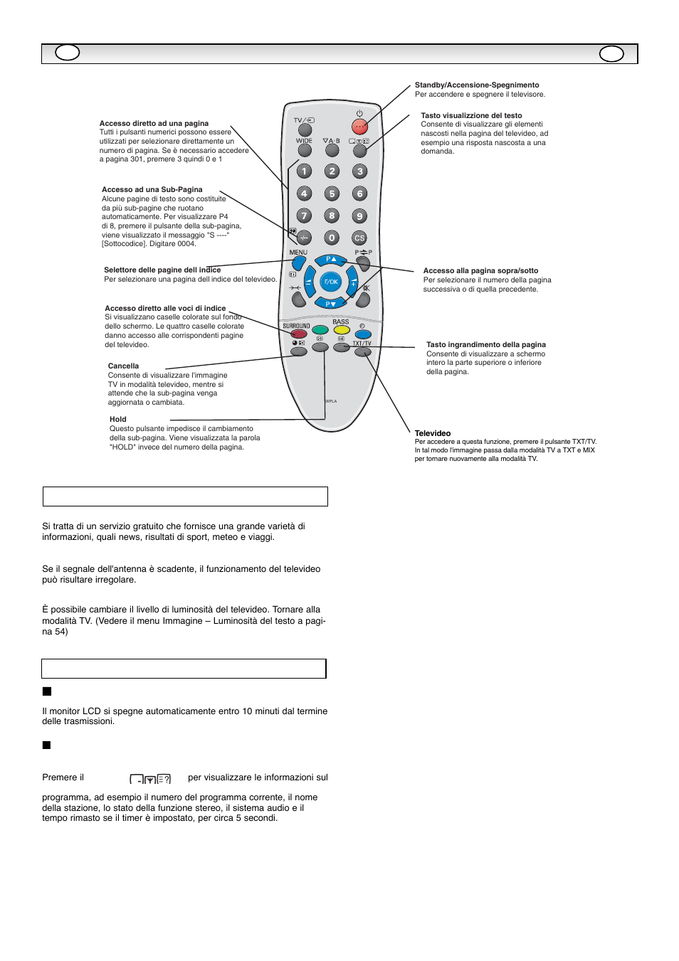 Funzionament, Televideo altre funzioni, Spegnimento automatico | Sanyo CE42WPX1 User Manual | Page 58 / 76
