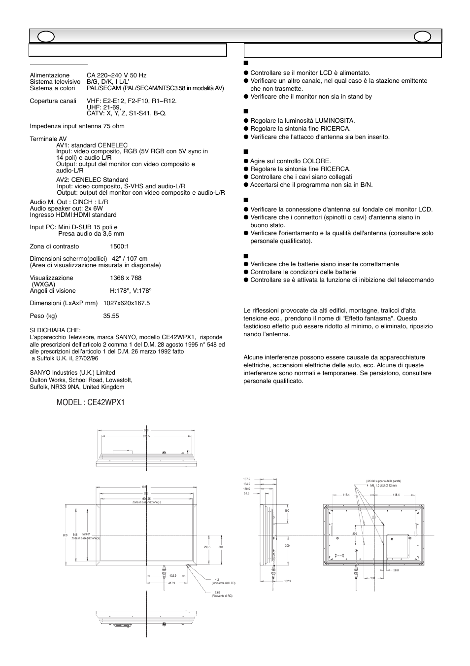 Specifiche tecniche / consigli utili, Consigli utili specifiche tv, Model : ce42wpx1 | Sanyo CE42WPX1 User Manual | Page 60 / 76