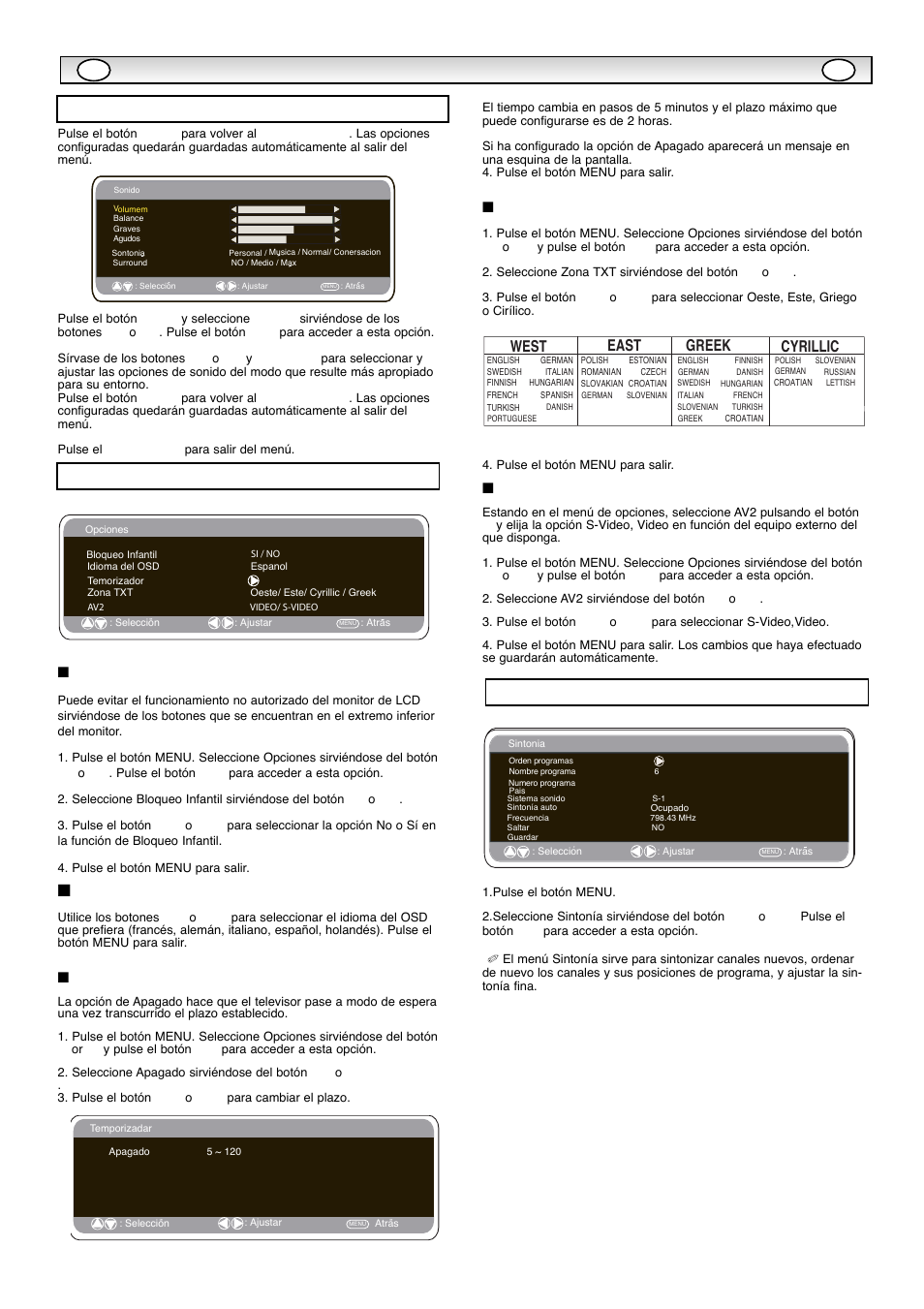 Funcionamient, Funcionamient o del o del menú menú, Bloqueo infantil | Opción de apagado, Zona txt, Opción av2, Menú de configuracion, Menú de predefinidos menú de sonido, Idioma del osd, Ts e w | Sanyo CE42WPX1 User Manual | Page 67 / 76