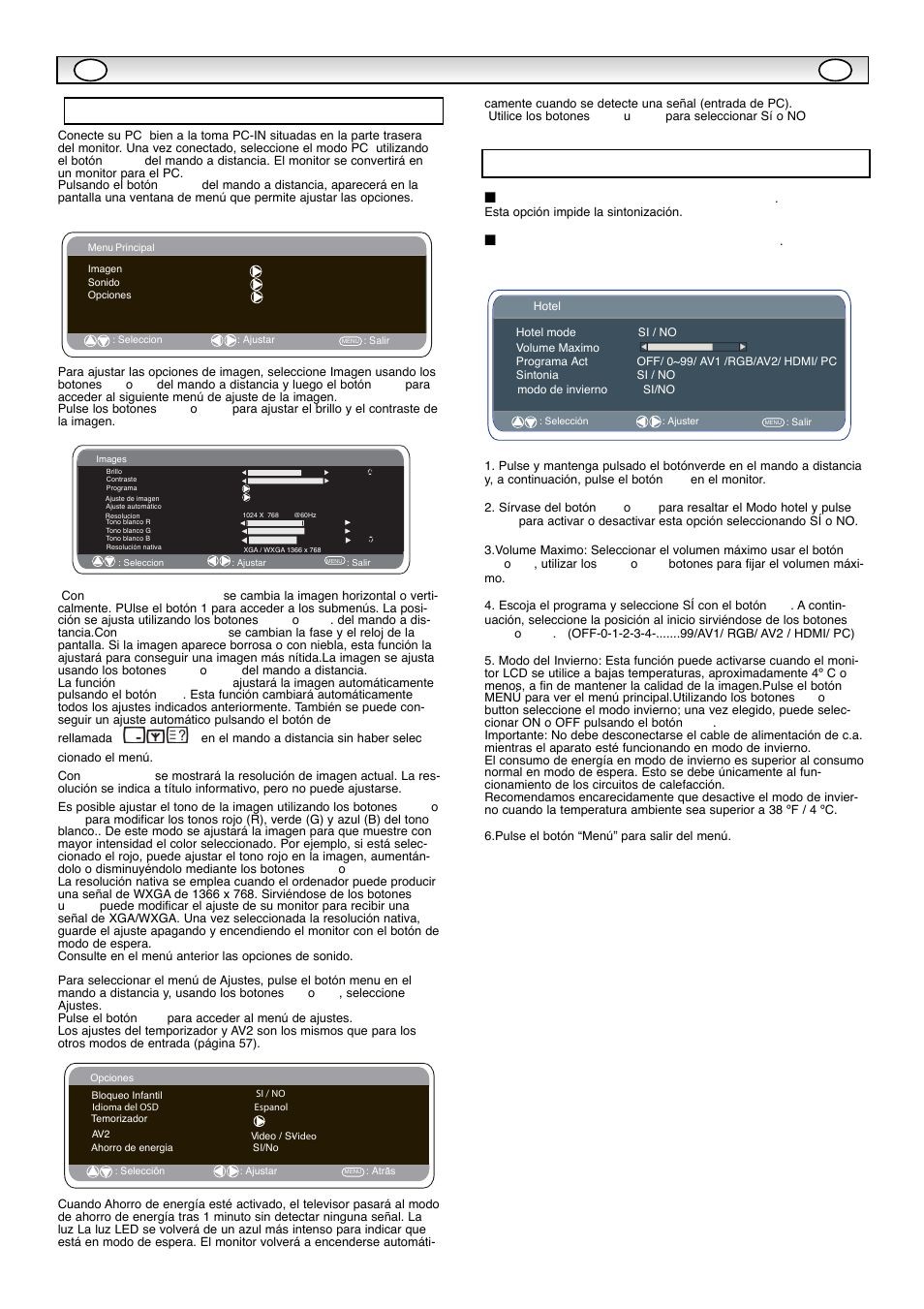 Funcionamient, Prohibición de sintonía previa, Posición de programa al inicio | Ajustes del menú del pc, Modo de hotel | Sanyo CE42WPX1 User Manual | Page 69 / 76