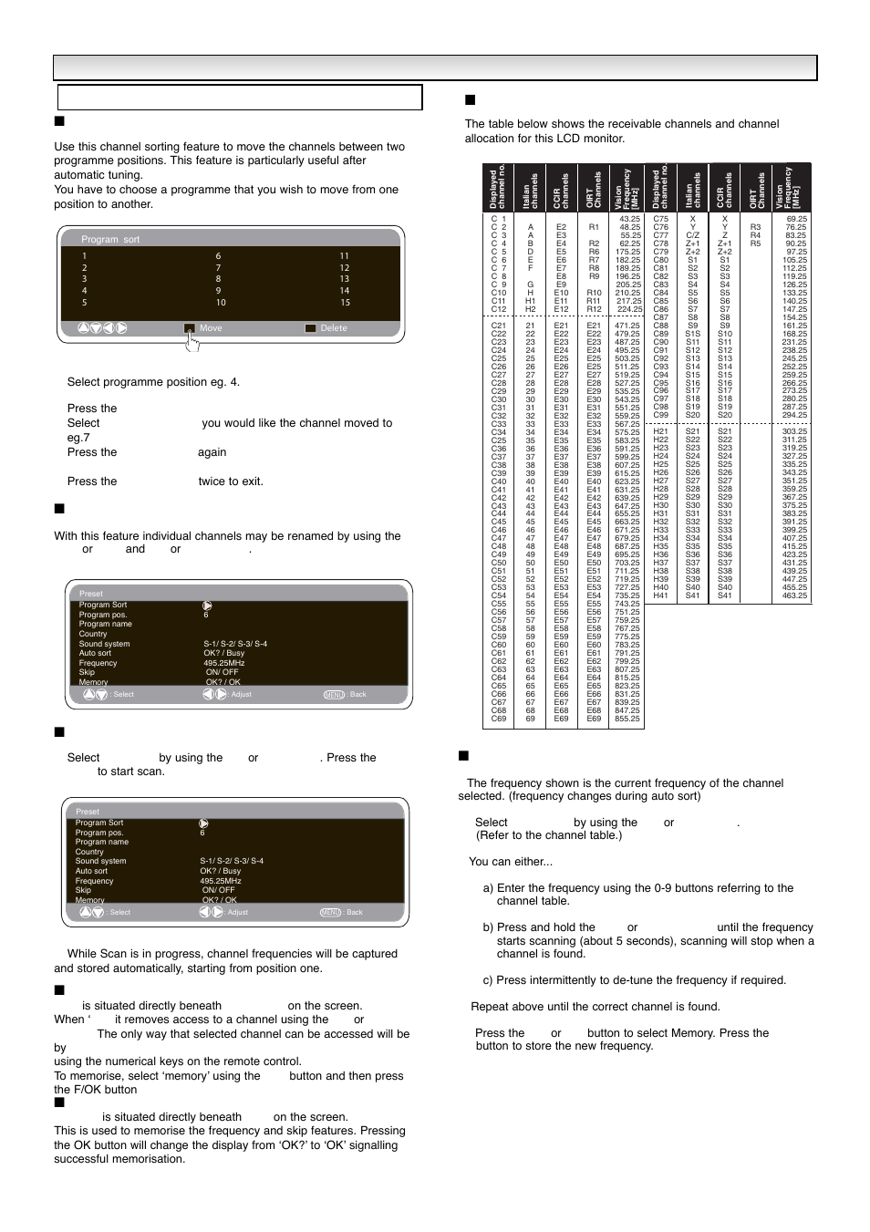 Menu opera, Menu opera tion tion, Preset menu | Channel table, Program sort, Program name, Auto sort (auto tuning and sorting), Skip, Frequency | Sanyo CE42WPX1 User Manual | Page 8 / 76