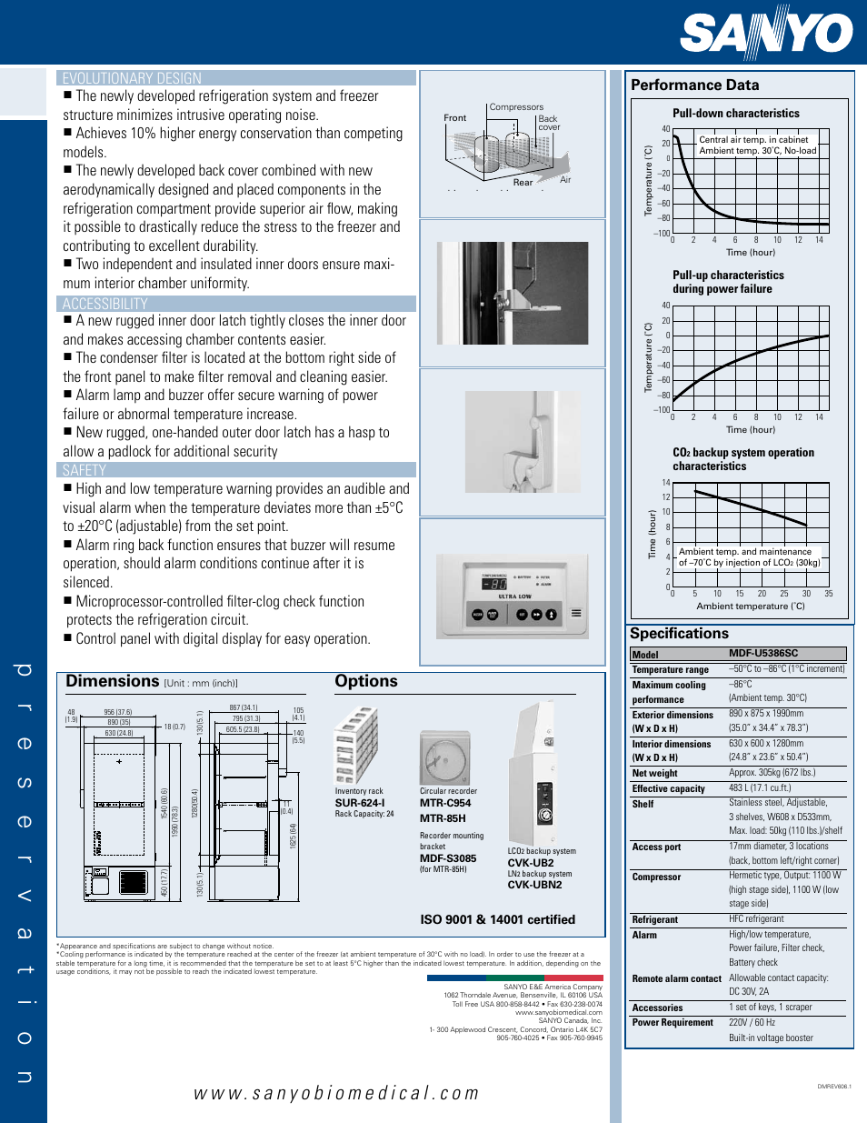 Mdf-u5386s, Dimensions, Specifications | Features, Performance data, Options, Accessibility, Safety, Evolutionary design | Sanyo MDF-5386SC User Manual | Page 2 / 2