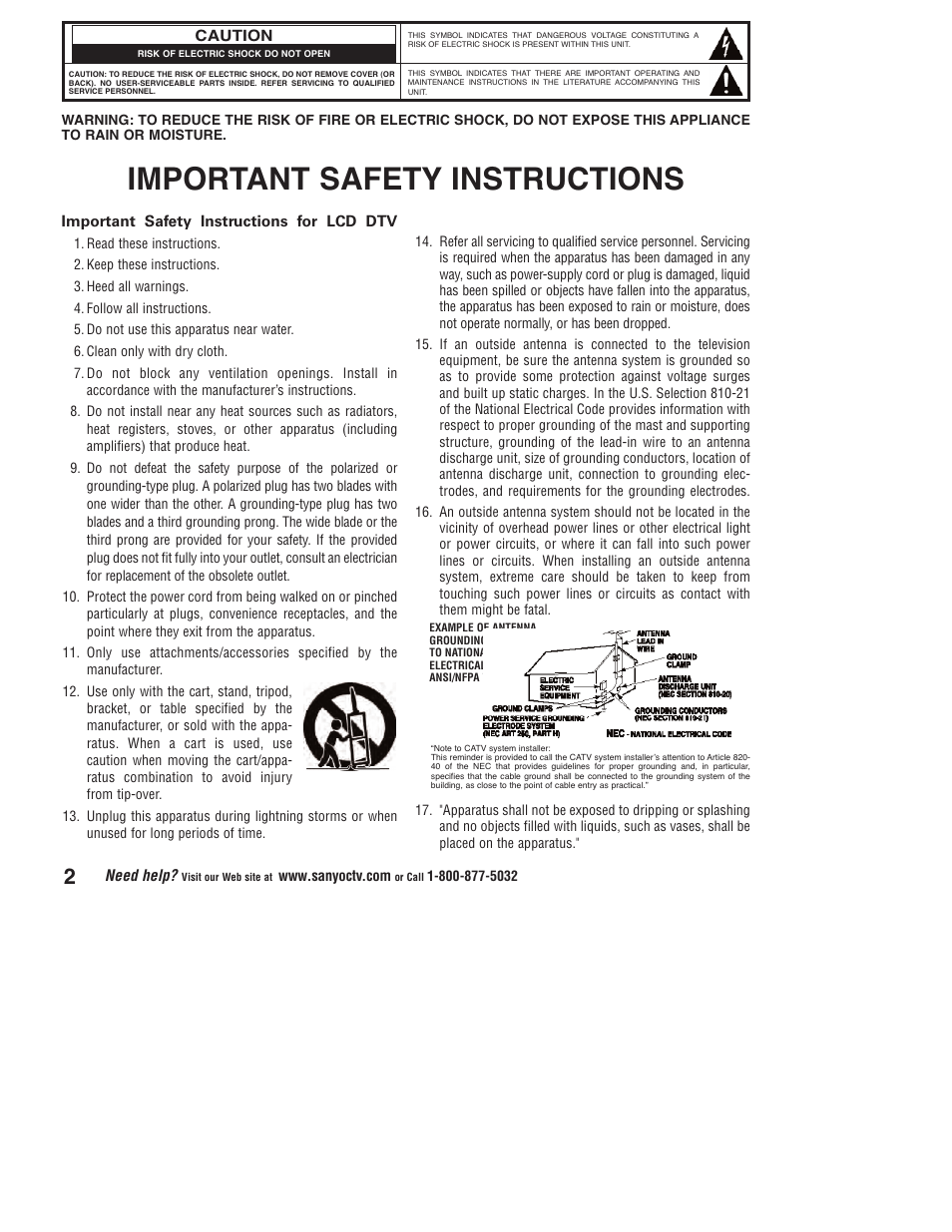 Important safety instructions | Sanyo DP32746 User Manual | Page 2 / 68