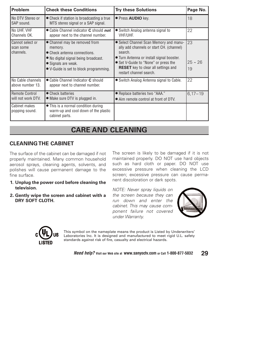 Care and cleaning, Cleaning the cabinet | Sanyo DP32746 User Manual | Page 29 / 68