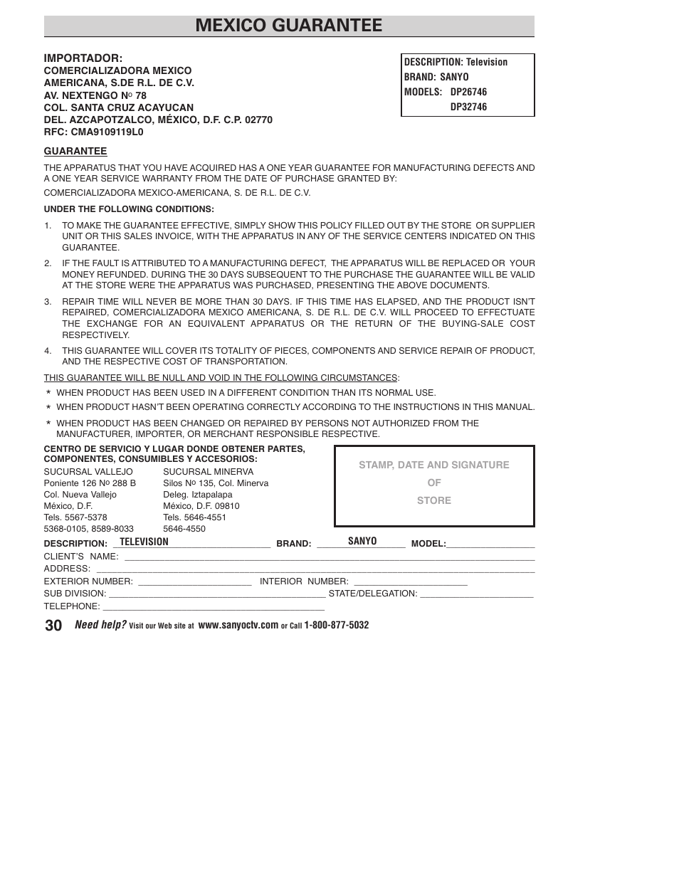 Mexico guarantee | Sanyo DP32746 User Manual | Page 30 / 68