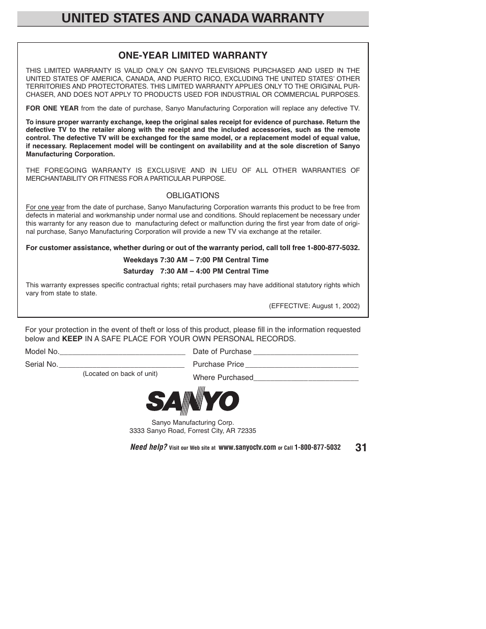 United states and canada warranty, One-year limited warranty | Sanyo DP32746 User Manual | Page 31 / 68
