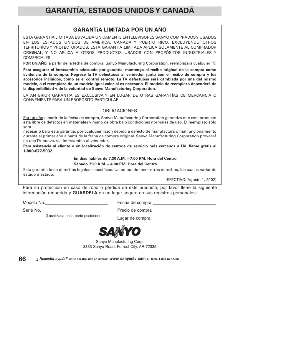 Garantía, estados unidos y canadá, Garantía limitada por un año | Sanyo DP32746 User Manual | Page 66 / 68
