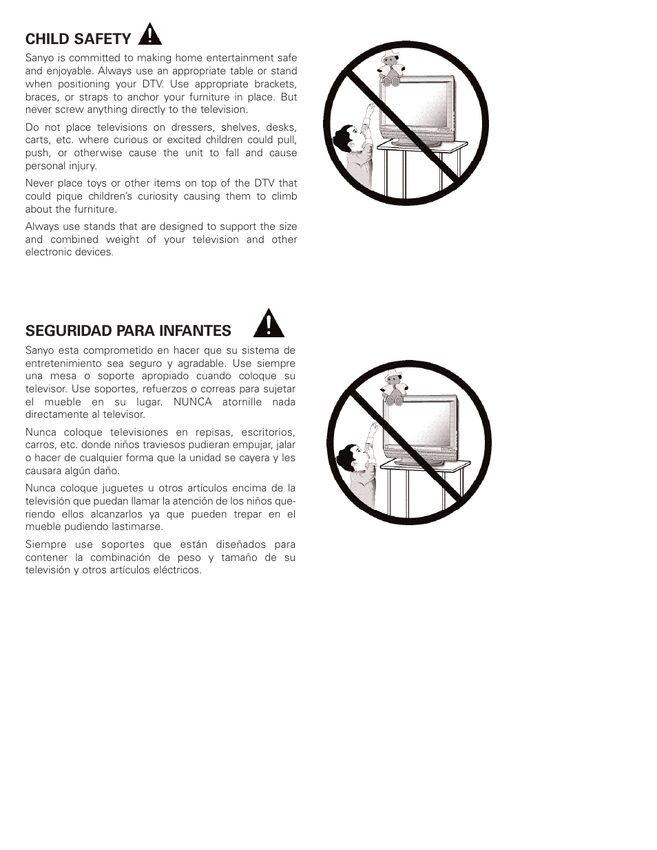 Seguridad para infantes, Child safety | Sanyo DP32746 User Manual | Page 67 / 68