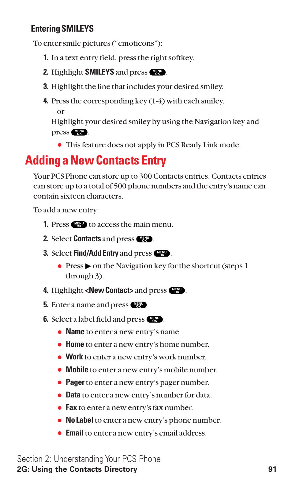 Adding a new contacts entry, Entering smileys | Sanyo RL2500 User Manual | Page 102 / 205