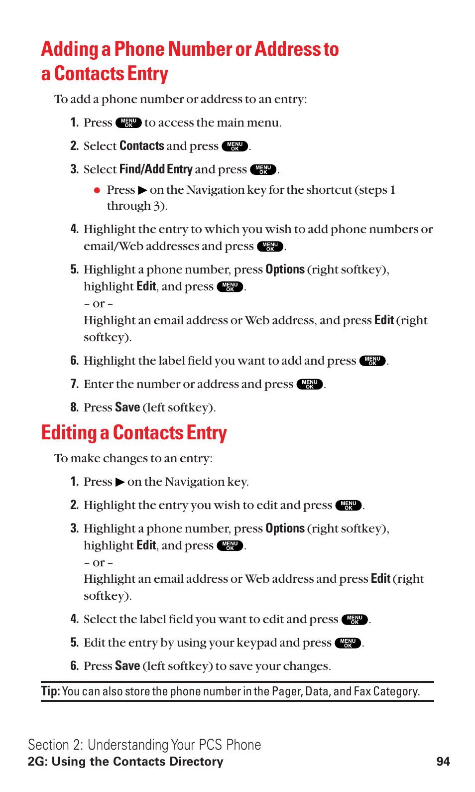Editing a contacts entry | Sanyo RL2500 User Manual | Page 105 / 205