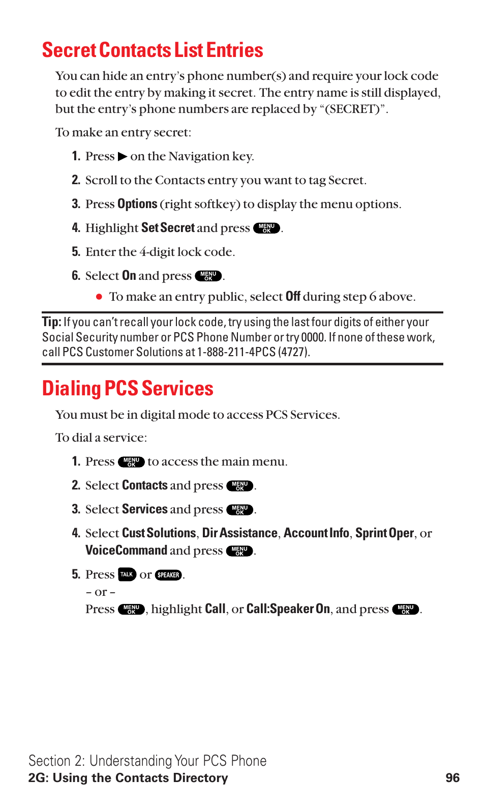 Secret contacts list entries, Dialing pcs services | Sanyo RL2500 User Manual | Page 107 / 205
