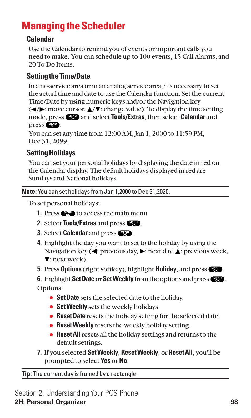 Managing the scheduler, Calendar, Setting the time/date | Setting holidays | Sanyo RL2500 User Manual | Page 109 / 205