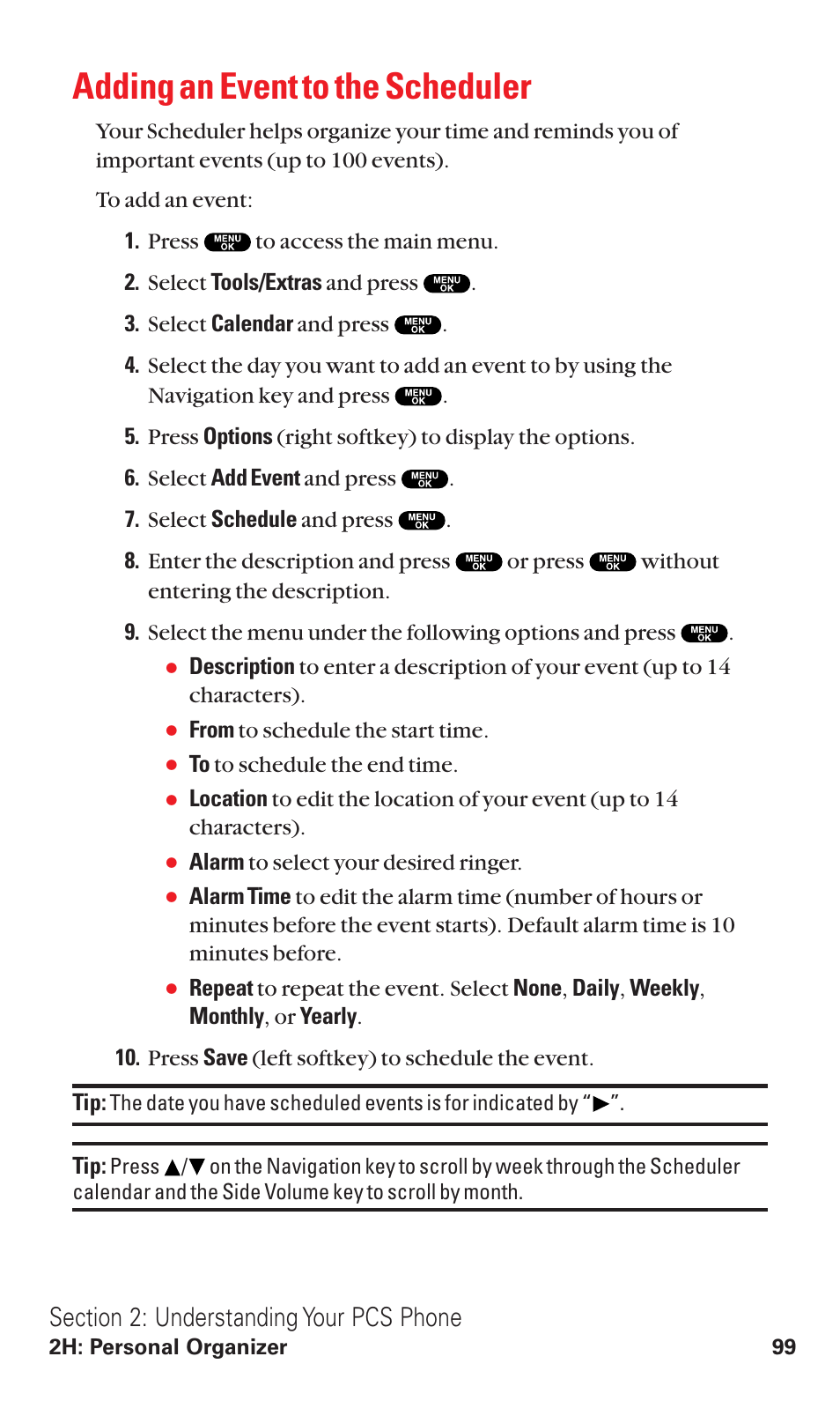 Adding an event to the scheduler | Sanyo RL2500 User Manual | Page 110 / 205