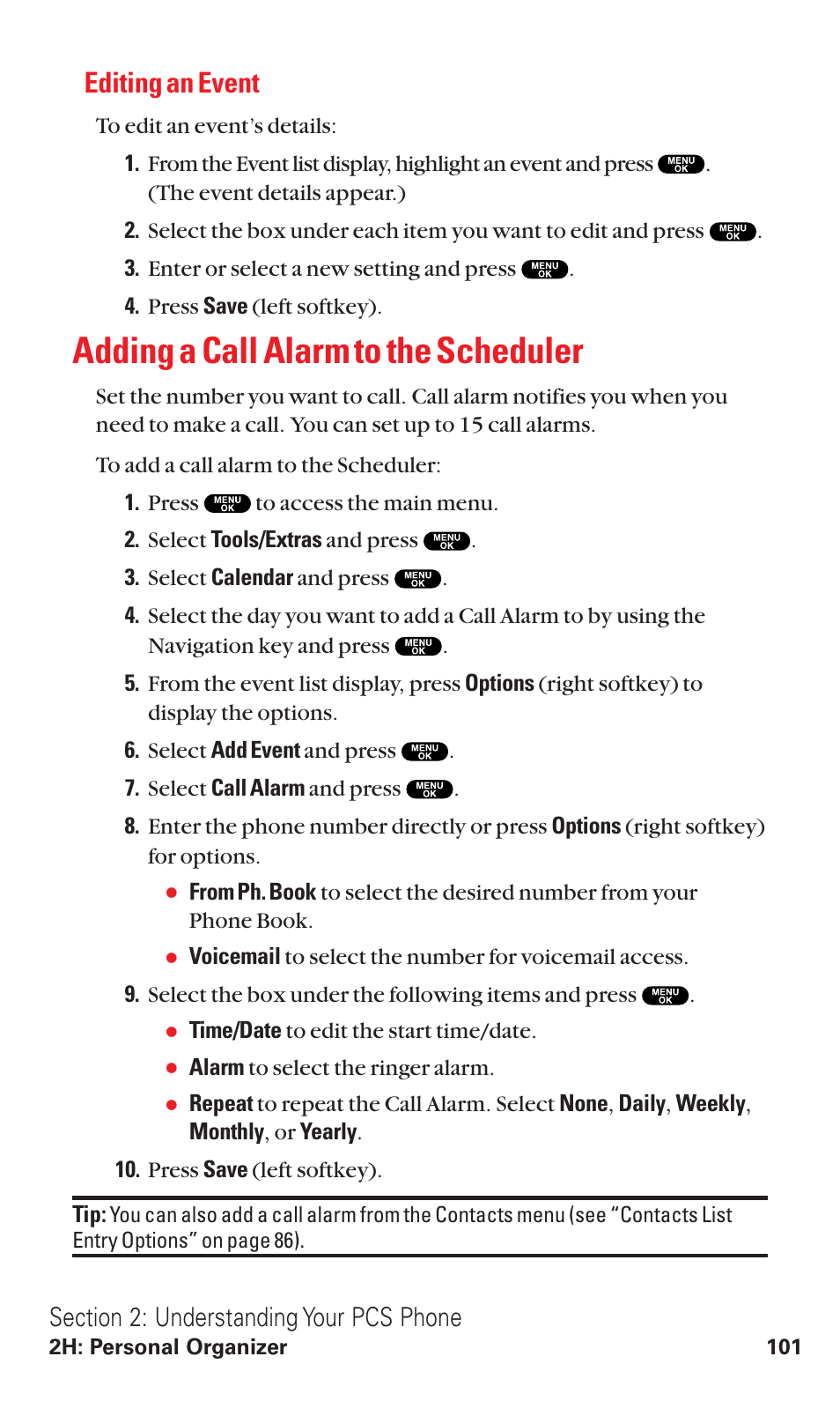 Editing an event, Adding a call alarm to the scheduler | Sanyo RL2500 User Manual | Page 112 / 205