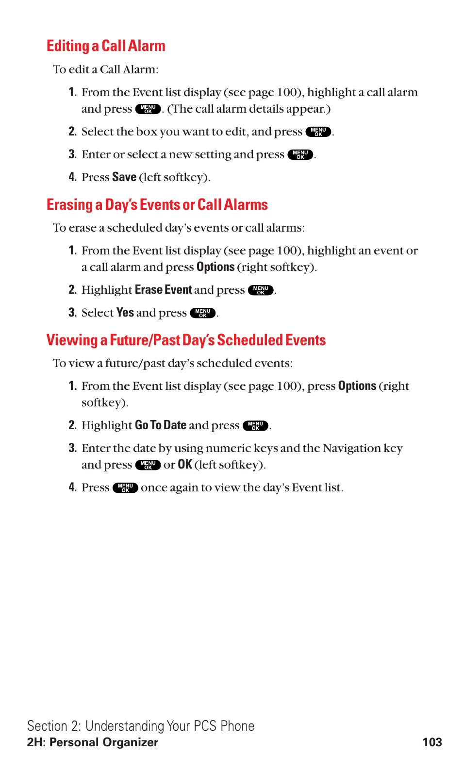 Editing a call alarm, Erasing a day’s events or call alarms, Viewing a future/past day’s scheduled events | Sanyo RL2500 User Manual | Page 114 / 205