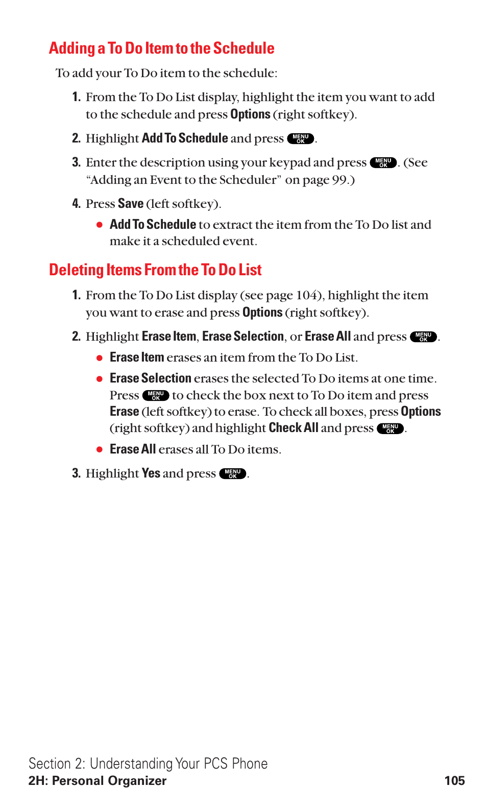 Adding a to do item to the schedule, Deleting items from the to do list | Sanyo RL2500 User Manual | Page 116 / 205