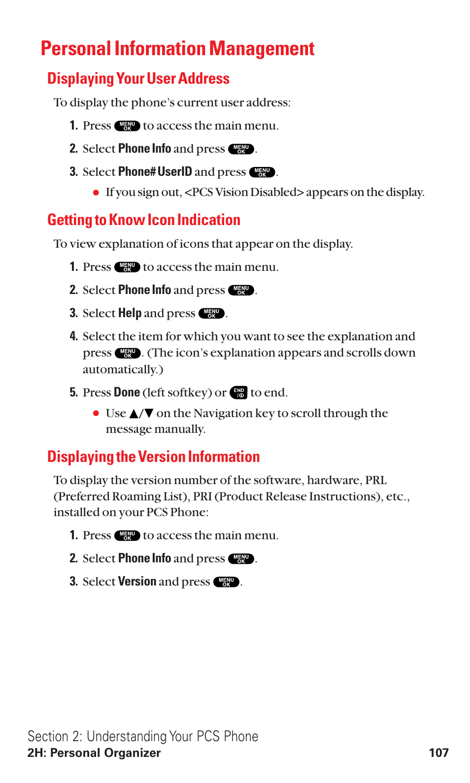 Personal information management, Displaying your user address, Getting to know icon indication | Displaying the version information | Sanyo RL2500 User Manual | Page 118 / 205