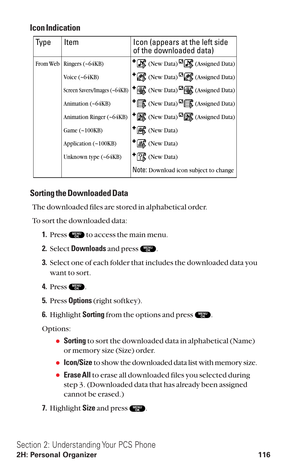 Icon indication sorting the downloaded data | Sanyo RL2500 User Manual | Page 127 / 205