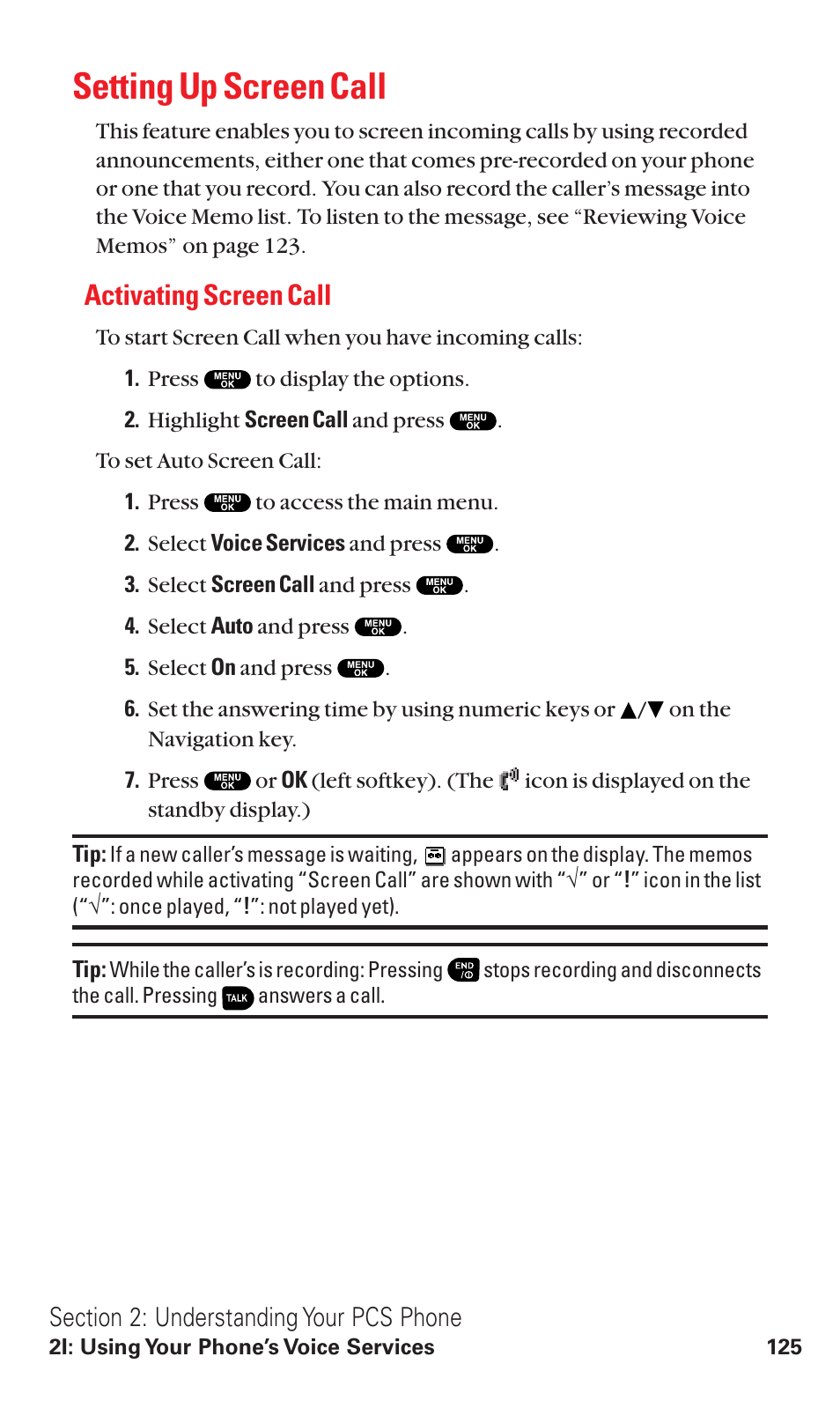 Setting up screen call, Activating screen call | Sanyo RL2500 User Manual | Page 136 / 205