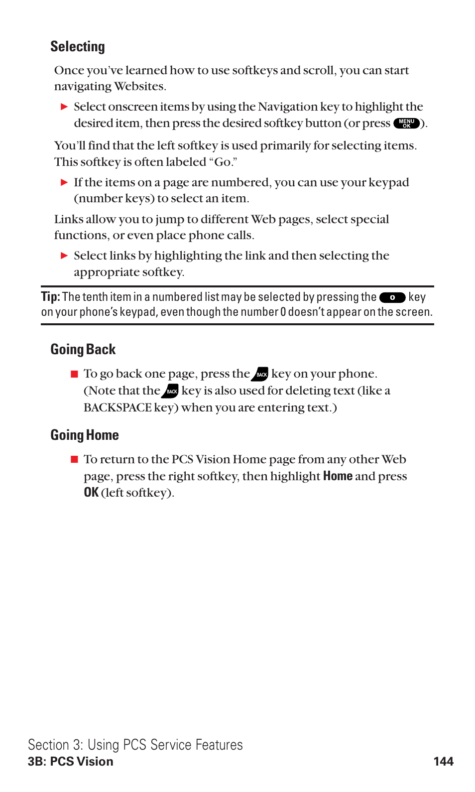 Selecting, Going back, Going home | Sanyo RL2500 User Manual | Page 155 / 205
