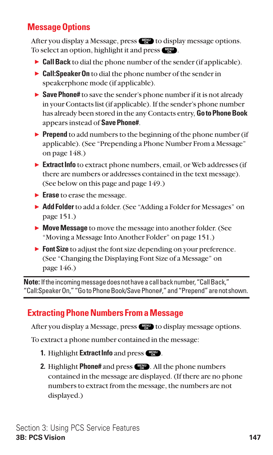 Message options, Extracting phone numbers from a message | Sanyo RL2500 User Manual | Page 158 / 205