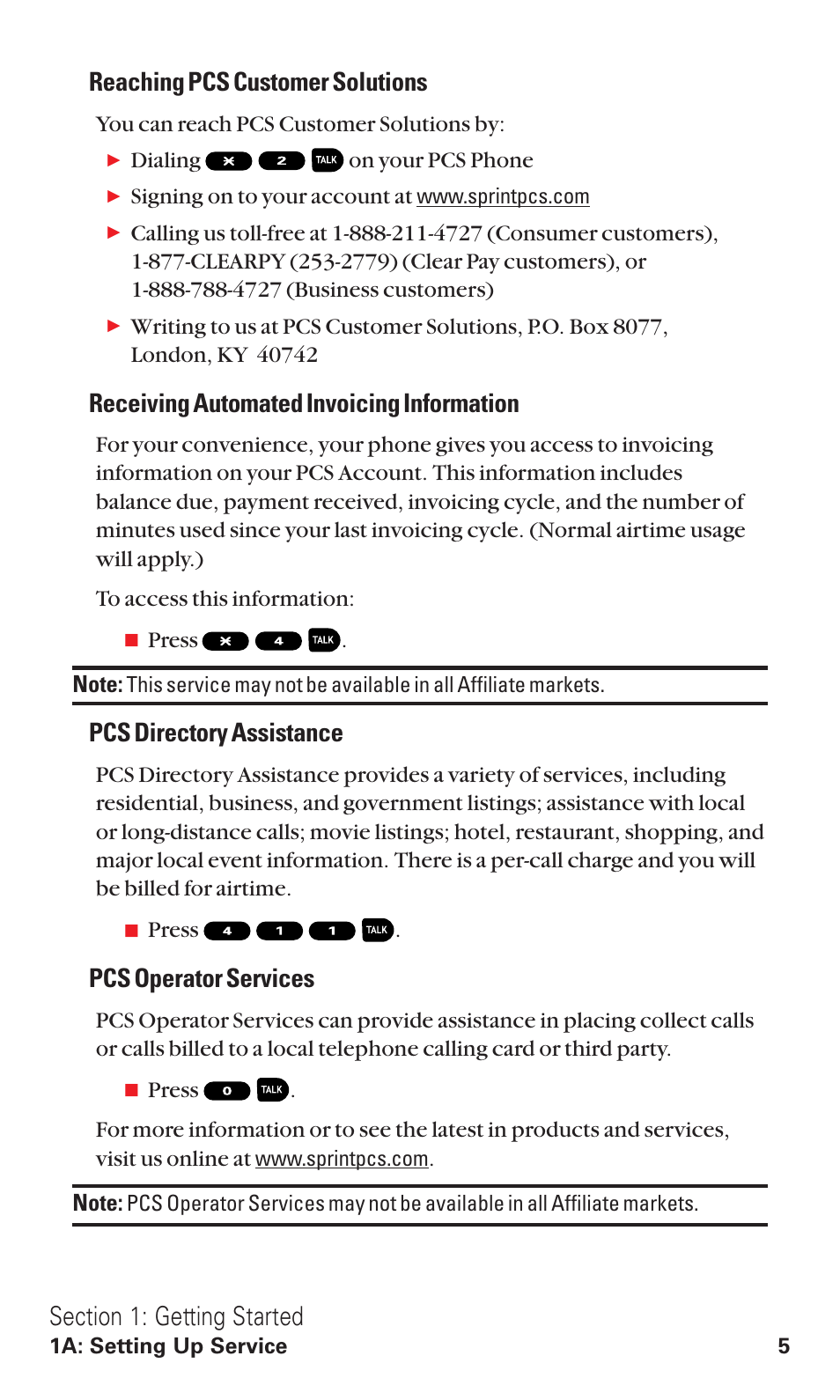 Reaching pcs customer solutions, Receiving automated invoicing information, Pcs directory assistance | Pcs operator services | Sanyo RL2500 User Manual | Page 16 / 205