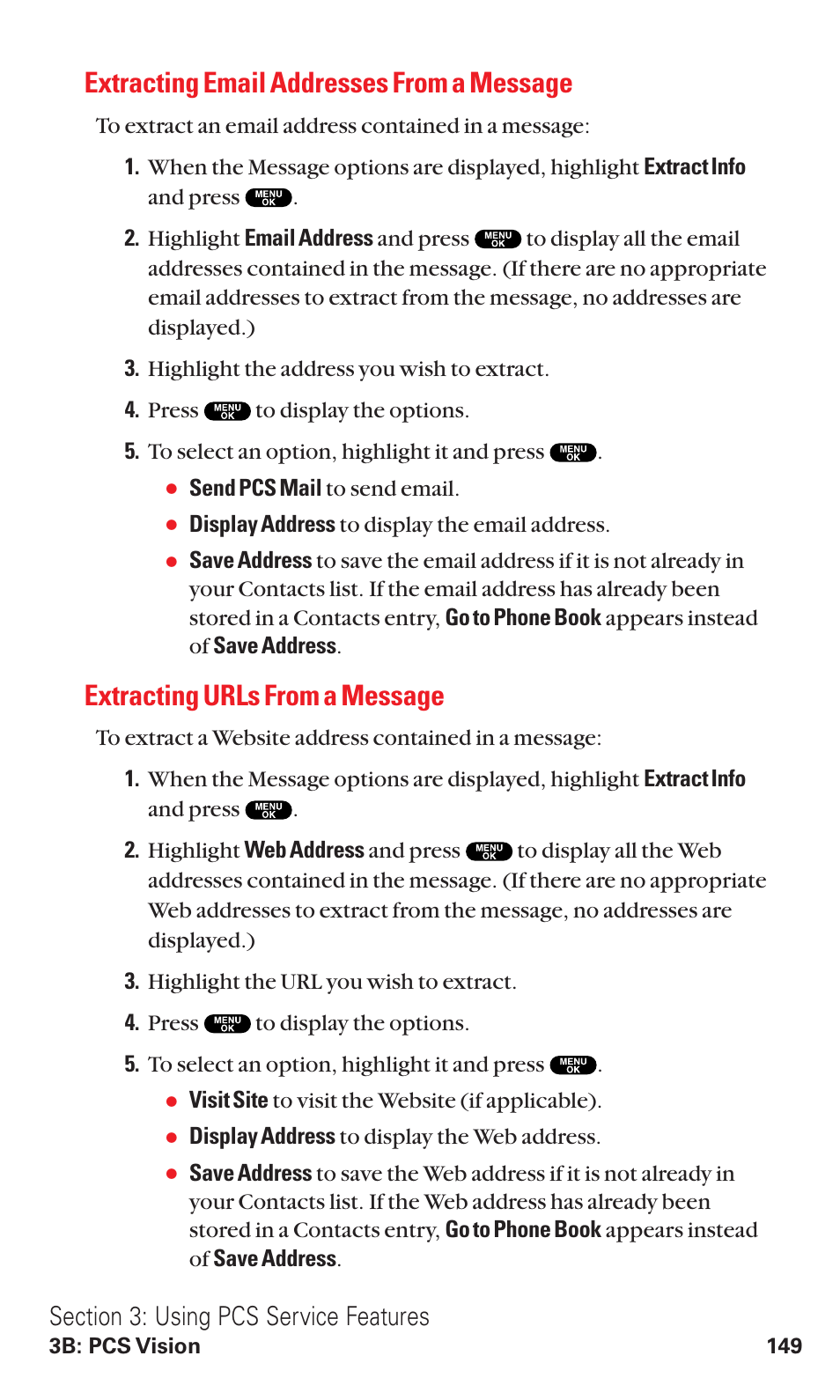 Extracting email addresses from a message, Extracting urls from a message | Sanyo RL2500 User Manual | Page 160 / 205