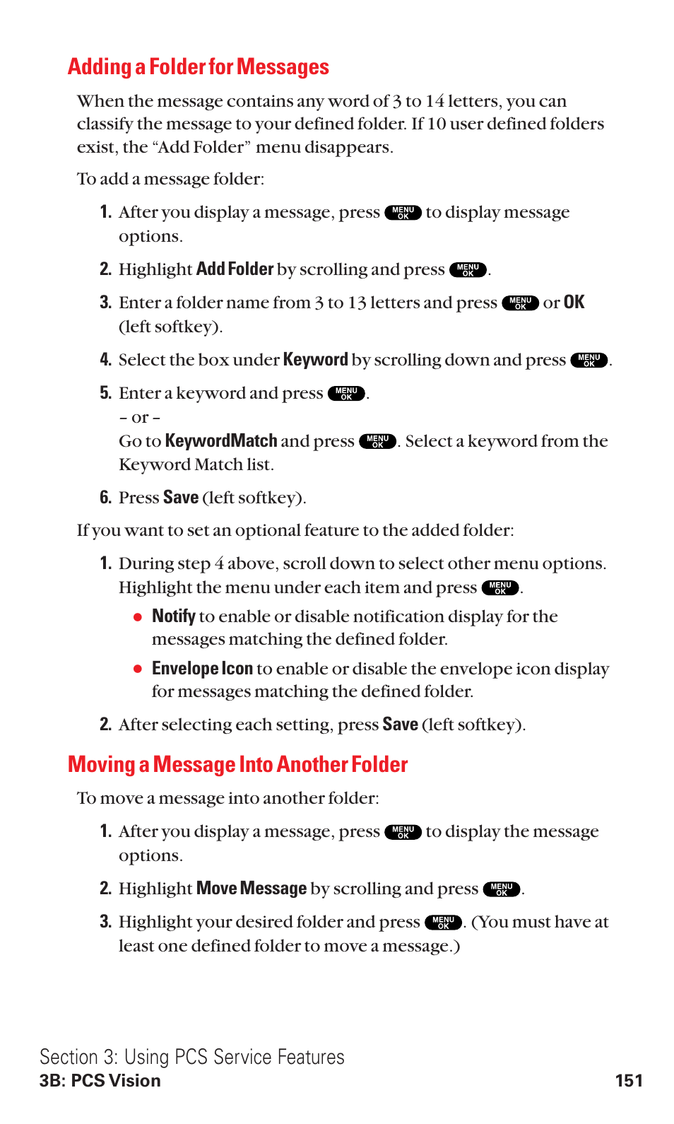 Adding a folder for messages, Moving a message into another folder | Sanyo RL2500 User Manual | Page 162 / 205