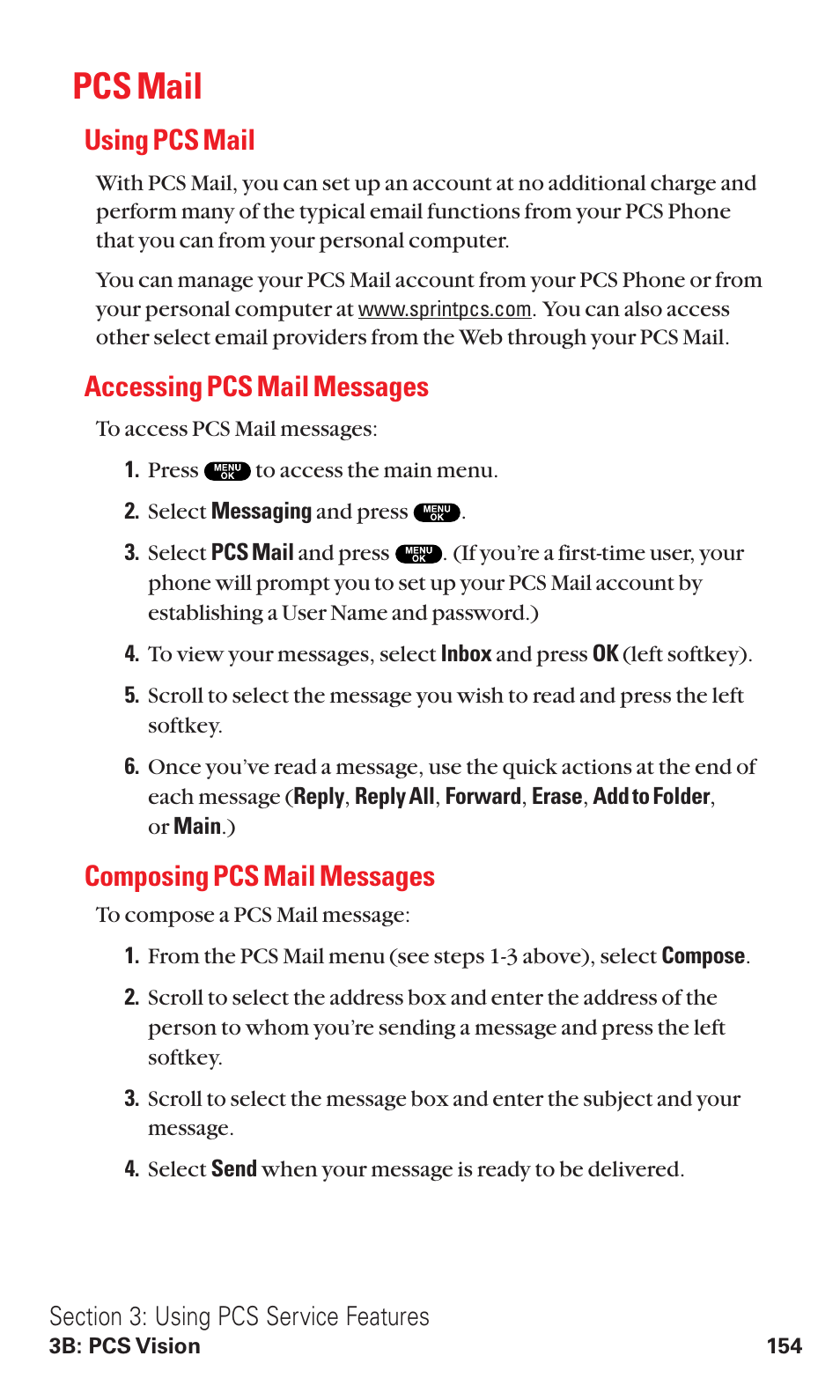 Pcs mail, Using pcs mail, Accessing pcs mail messages | Composing pcs mail messages | Sanyo RL2500 User Manual | Page 165 / 205