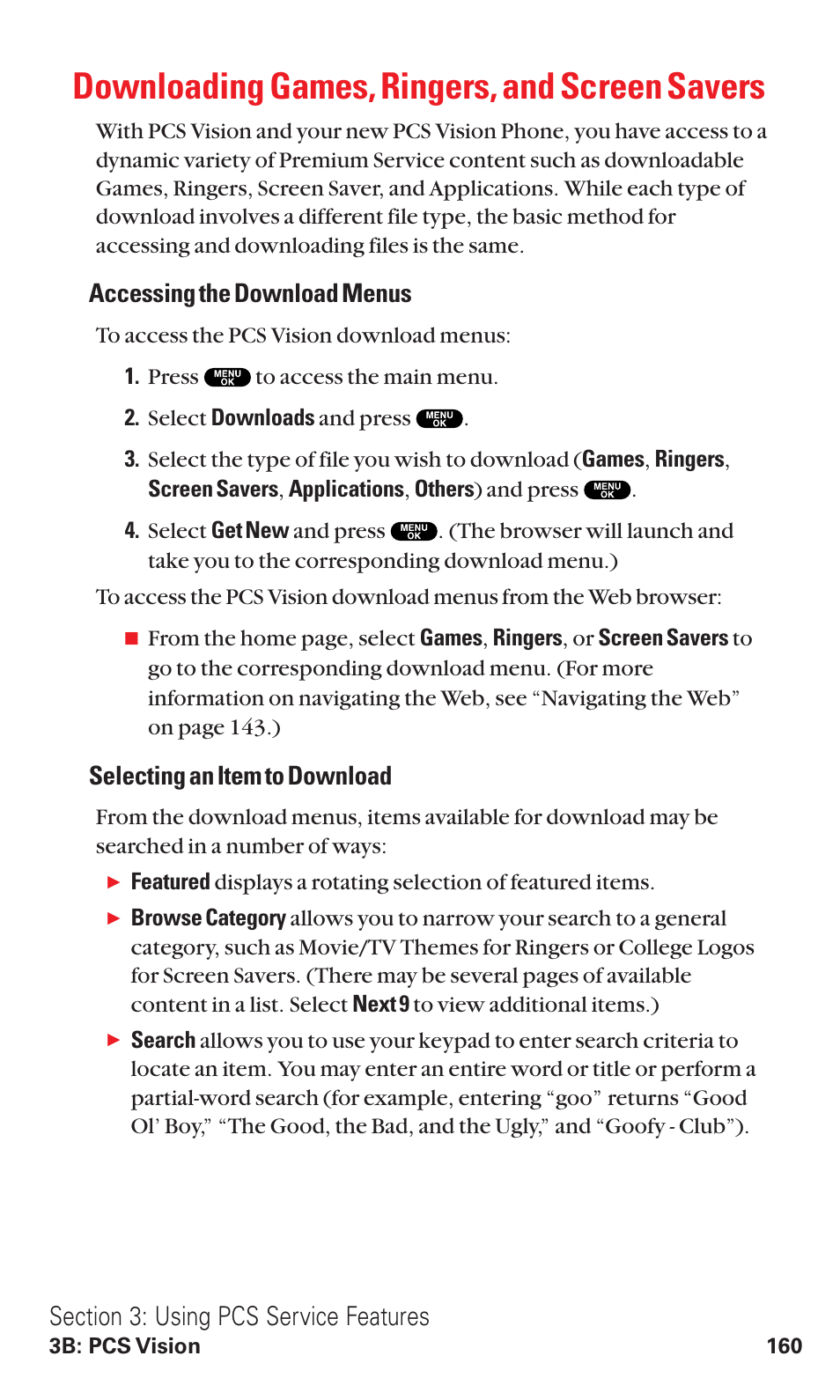 Downloading games, ringers, and screen savers, Accessing the download menus, Selecting an item to download | Sanyo RL2500 User Manual | Page 171 / 205