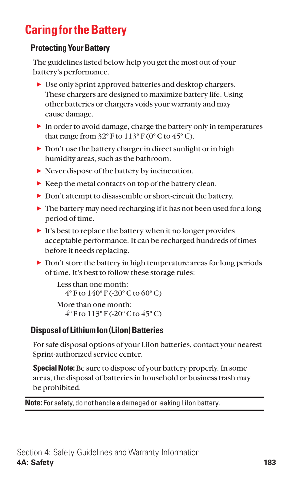 Caring for the battery, Protecting your battery, Disposal of lithium ion (liion) batteries | Sanyo RL2500 User Manual | Page 194 / 205