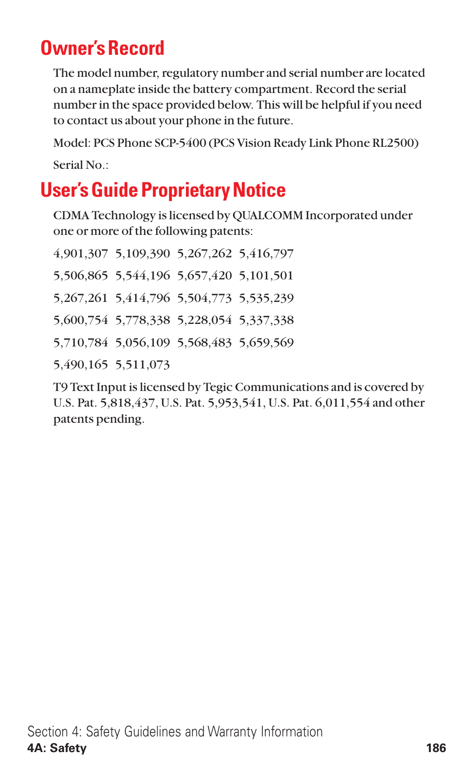 Owner’s record, User’s guide proprietary notice | Sanyo RL2500 User Manual | Page 197 / 205