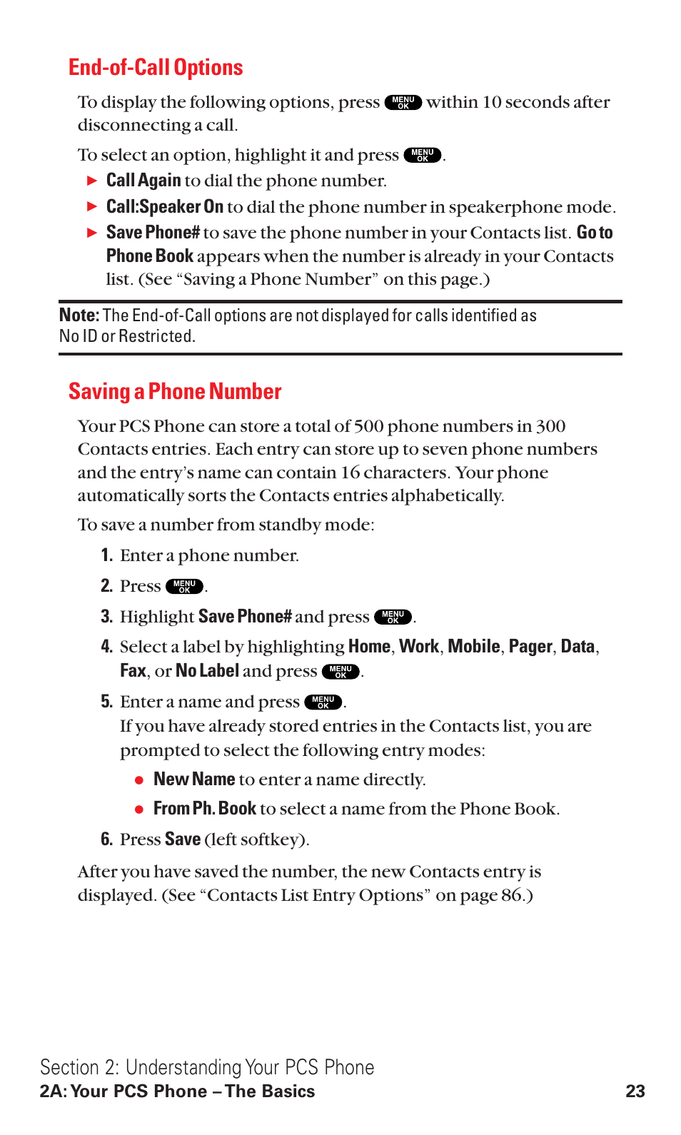 End-of-call options, Saving a phone number | Sanyo RL2500 User Manual | Page 34 / 205